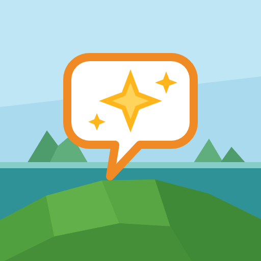 The app icon: a speech bubble with a star over a green island