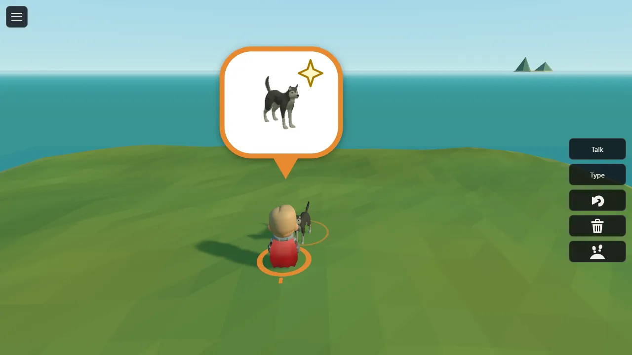 A speech bubble shows a husky, and the husky follows.