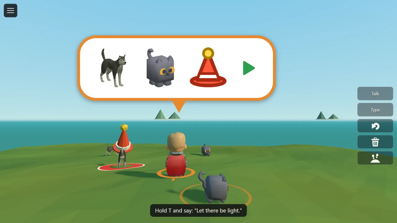 A dog wearing a party hat chases a cat across the meadow.